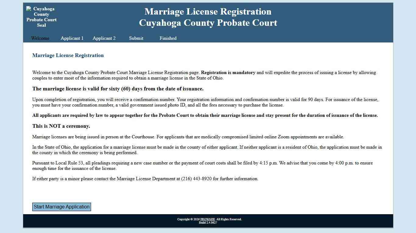 Probate Court of Cuyahoga County, Ohio - Marriage registration welcome landing page